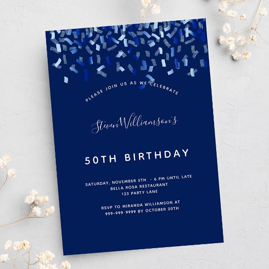 Invitation Anniversaire bleu marine confetti homme gars