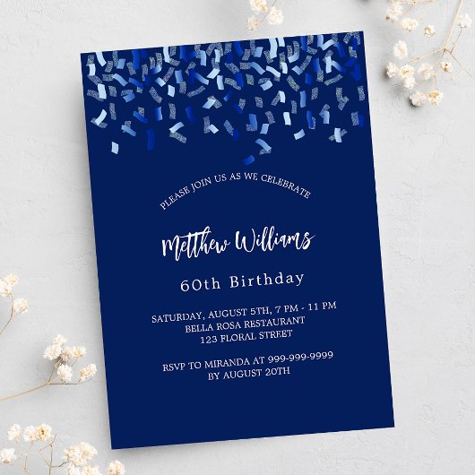 Invitation Anniversaire bleu marine confetti homme gars fête