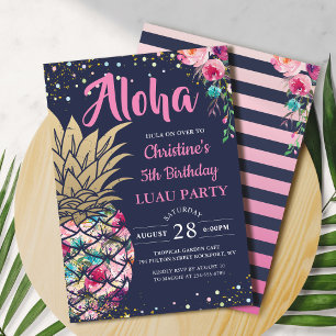 Invitation Anniversaire bleu marine de l'ananas rose tropical