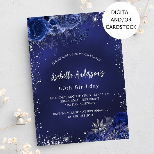Invitation Anniversaire bleu marine fleurs argent éclat
