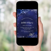 Invitation Anniversaire bleu marine fleurs argent éclat