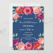 Invitation Anniversaire bleu marine floral rose rose pourpre (Devant)