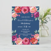 Invitation Anniversaire bleu marine floral rose rose pourpre (Debout devant)