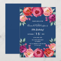 Anniversaire bleu marine floral rose rose pourpre