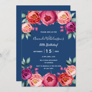 Invitation Anniversaire bleu marine floral rose rose pourpre