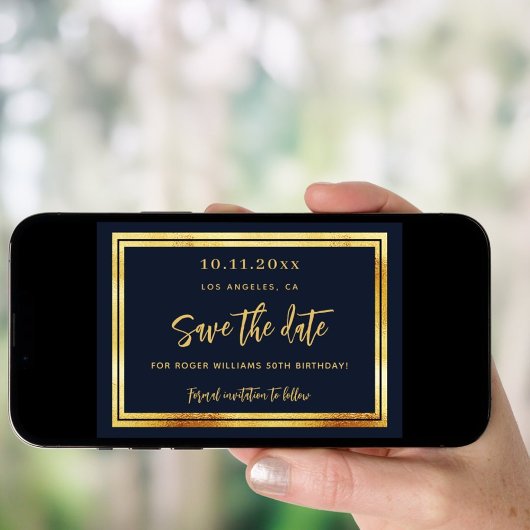 Invitation Anniversaire bleu marine or photo enregistrer la c