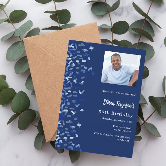 Invitation Anniversaire bleu marine photo confetti