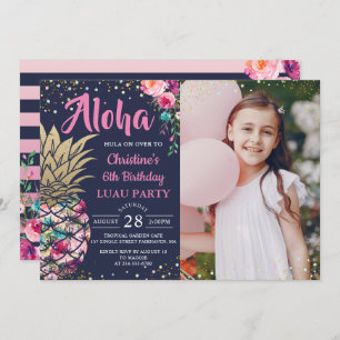 Invitation Anniversaire bleu marine Pink Tropical Pineappy Ph