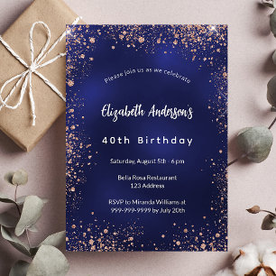 Invitation Anniversaire bleu marine rose or scintille glamour
