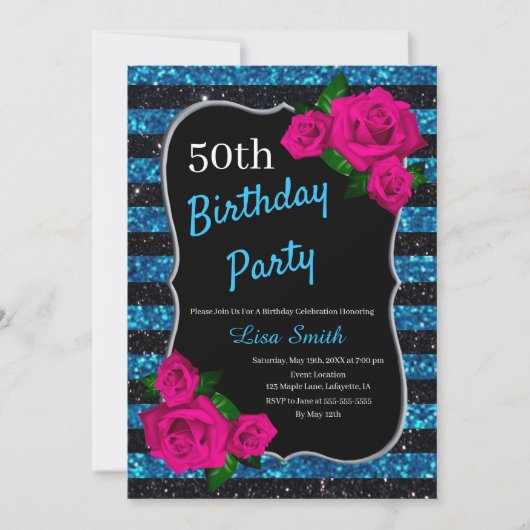Invitation Anniversaire Bleu noir Parties scintillant Roses r (Devant)