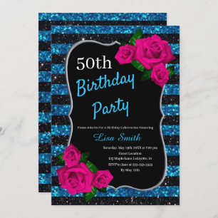 Invitation Anniversaire Bleu noir Parties scintillant Roses r