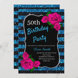 Invitation Anniversaire Bleu noir Parties scintillant Roses r
