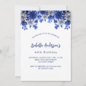 Invitation Anniversaire bleu royal fleurs blanches (Devant)
