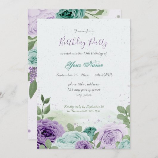 Invitation anniversaire bleu violet fleurs vert feuilles (Devant / Derrière)