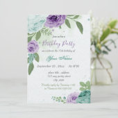 Invitation anniversaire bleu violet fleurs vert feuilles (Debout devant)