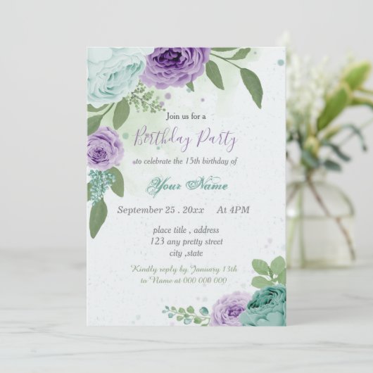 Invitation anniversaire bleu violet fleurs vert feuilles (Debout devant)
