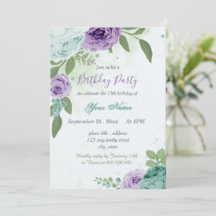 Invitation anniversaire bleu violet fleurs vert feuilles