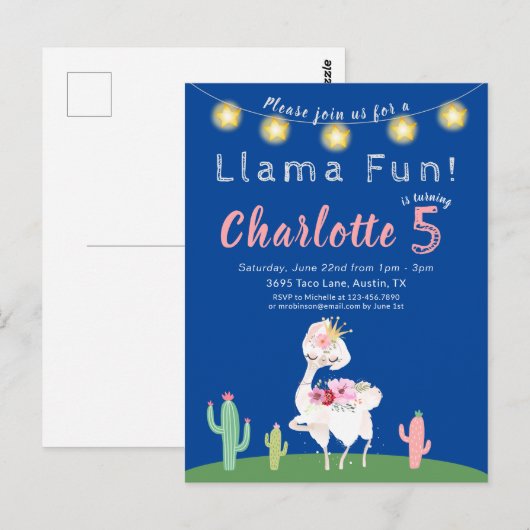 Invitation anniversaire bleue drôle de lama mignon (Devant / Derrière)