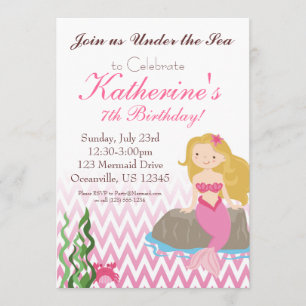 Invitation Anniversaire blond rose élégant de sirènes de