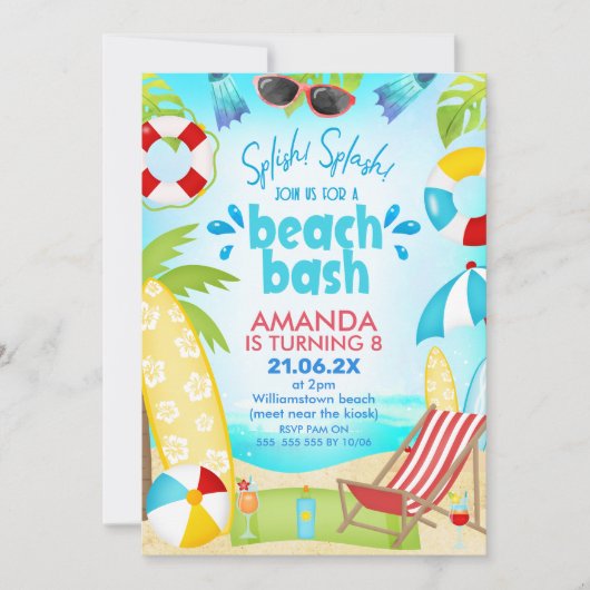 Invitation Anniversaire Blue Red Summer Beach Bash (Devant)