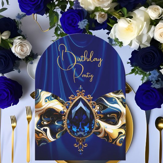 Invitation Anniversaire Blue Silk Faux Gold Jewel Paisley