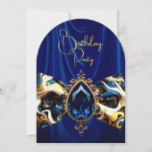 Invitation Anniversaire Blue Silk Faux Gold Jewel Paisley (Devant)