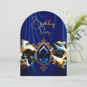 Invitation Anniversaire Blue Silk Faux Gold Jewel Paisley (Debout devant)