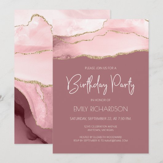 Invitation Anniversaire Blush Gold Agate Dusty Ros (Devant / Derrière)