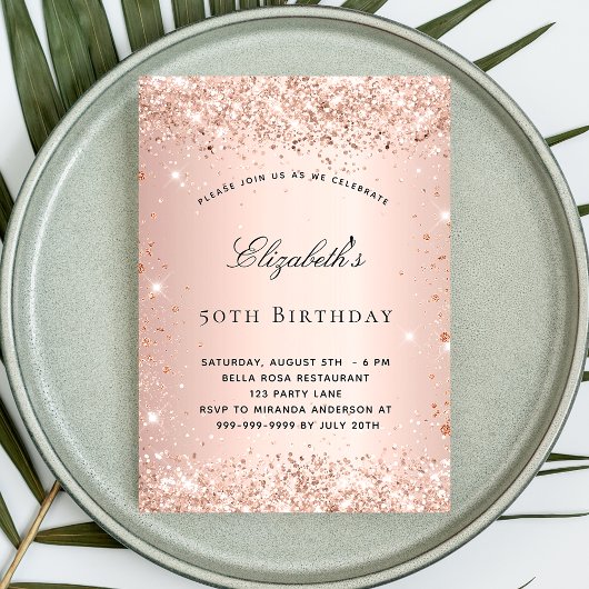 Invitation Anniversaire blush rose or parties scintillant élé