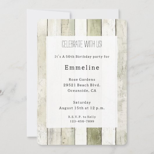 Invitation Anniversaire Bois Faux Vert Rustique Blanc (Devant)
