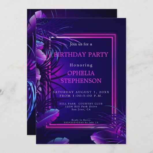 Invitation Anniversaire | Bold Naissance du néon tropical (Devant / Derrière)
