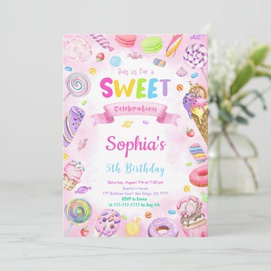 Invitation anniversaire bonbons modifiable (Debout devant)