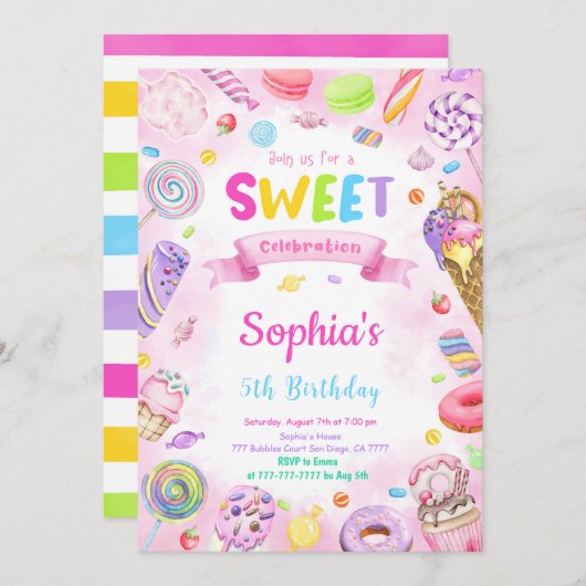 Invitation anniversaire bonbons modifiable (Devant / Derrière)