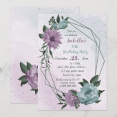 Invitation anniversaire botanique des fleurs bleues violettes (Devant / Derrière)