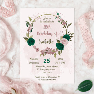 Invitation anniversaire botanique des fleurs rose vert émerau