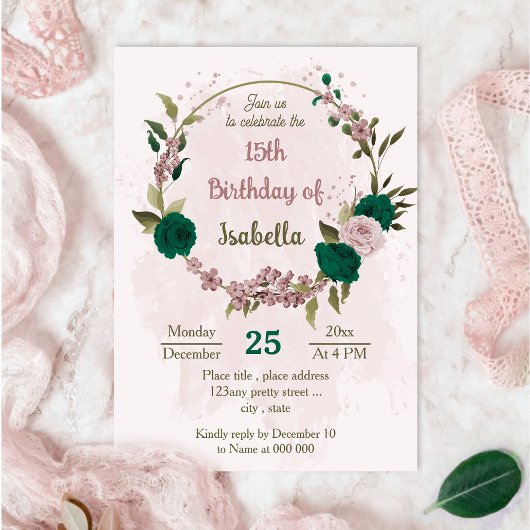 Invitation anniversaire botanique des fleurs rose vert émerau