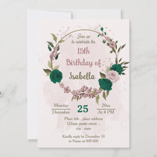 Invitation anniversaire botanique des fleurs rose vert émerau (Devant)