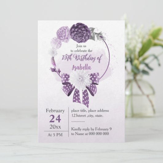 Invitation Anniversaire botanique des fleurs violettes romant (Debout devant)