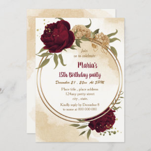 Invitation Anniversaire botanique en or beige vert marron