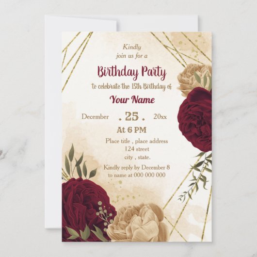Invitation Anniversaire botanique en or beige vert marron (Devant)