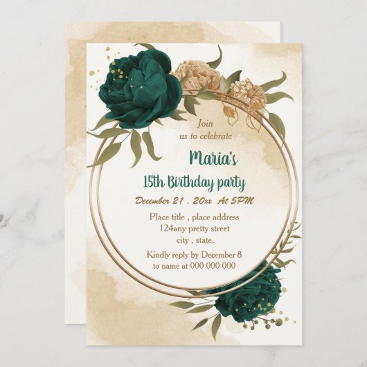 Invitation Anniversaire botanique en or vert émeraude (Devant / Derrière)