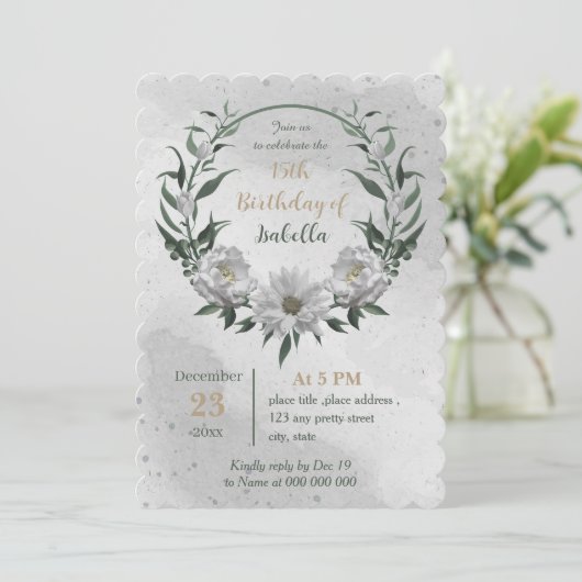 Invitation anniversaire botanique romantique de fleurs blanch (Debout devant)