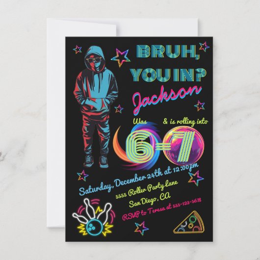 Invitation Anniversaire Bowling Bruh Néon 6-7 (Devant)