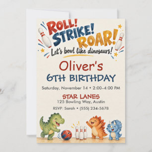 Invitation Anniversaire Bowling Dinosaures Aquarelle Rouge et