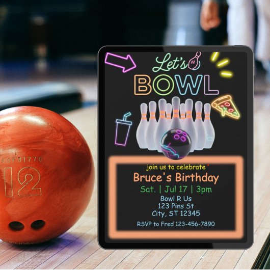 Invitation Anniversaire Bowling Néon