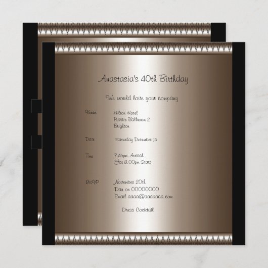 Invitation Anniversaire Bronze Noir Rose Bow (Devant / Derrière)