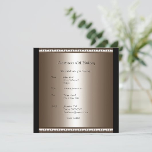Invitation Anniversaire Bronze Noir Rose Bow (Debout devant)