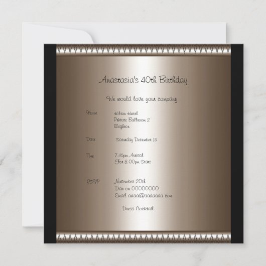 Invitation Anniversaire Bronze Noir Rose Bow (Devant)