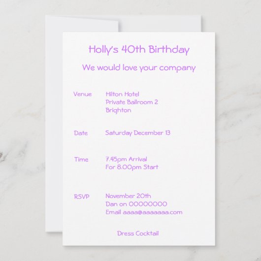 Invitation Anniversaire Brouillard violet blanc (Dos)