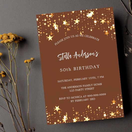 Invitation Anniversaire brun or étoiles luxe